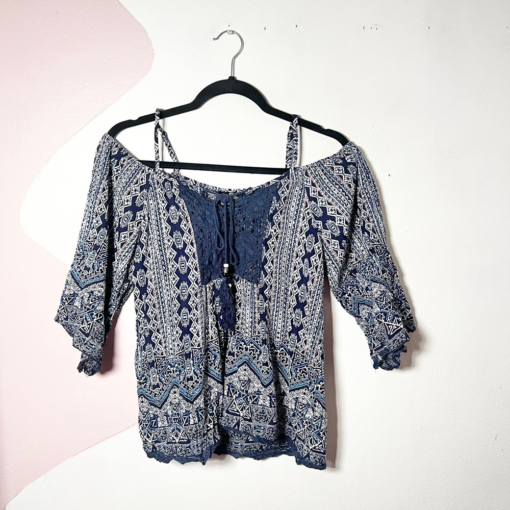 Angie Peasant Blouse Top Women's Large Blue Geometric Crochet Lace Boho